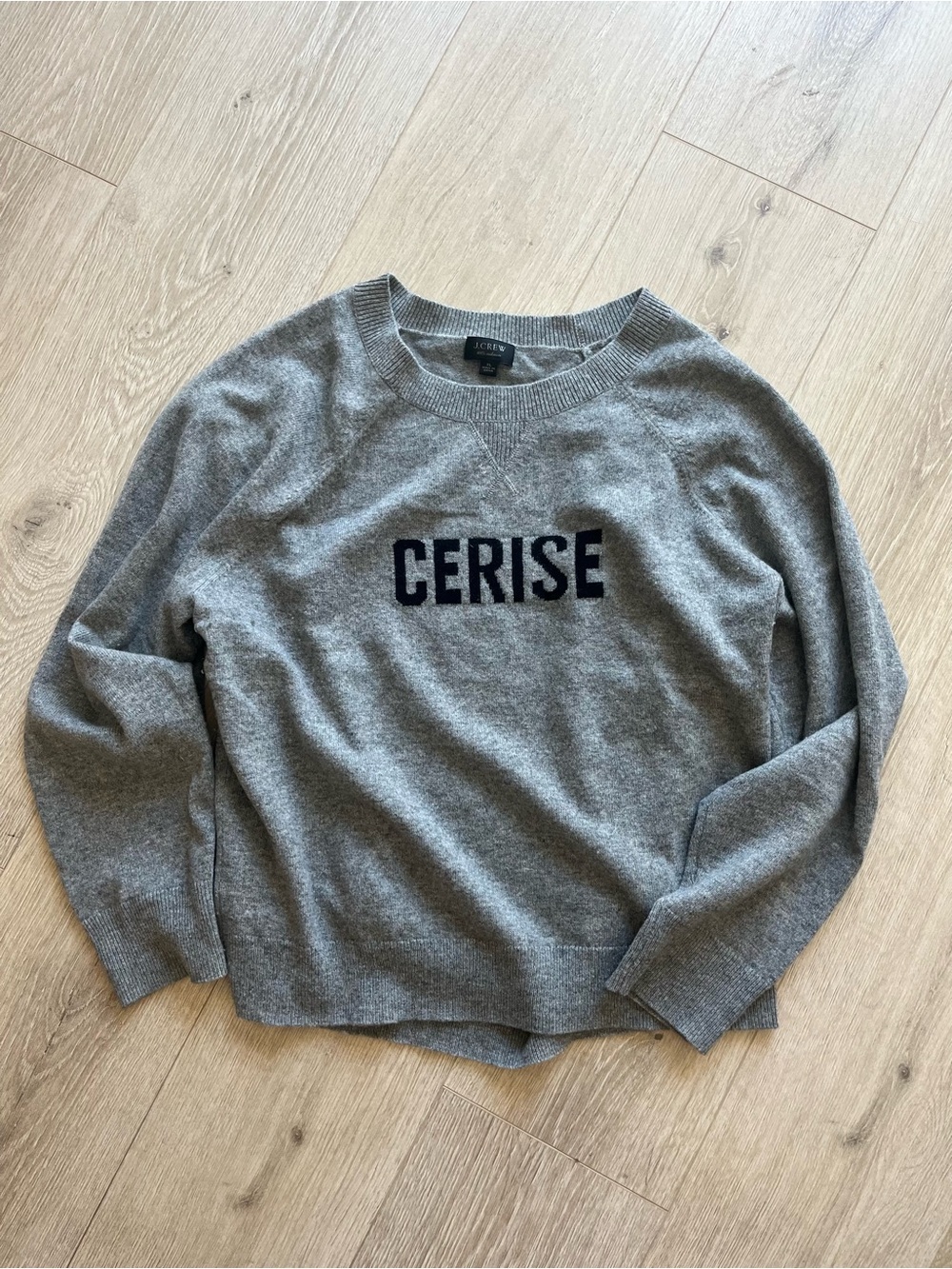 J. Crew Gray Cashmere Crewneck Sweater with Black 'CERISE' Logo